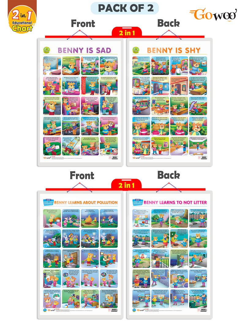 Set of 2 | 2 IN 1 BENNY IS SAD AND BENNY IS SHY and 2 IN 1 BENNY LEARNS ABOUT POLLUTION AND BENNY LEARNS NOT TO LITTER Early Learning Educational Charts for Kids