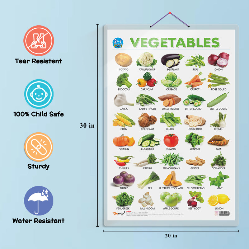 Set of 3 | 2 IN 1 NUMBER & FRACTIONS AND MATHS KEYWORDS, 2 IN 1 COLOURS AND SHAPES and 2 IN 1 FRUITS AND VEGETABLES Early Learning Educational Charts for Kids