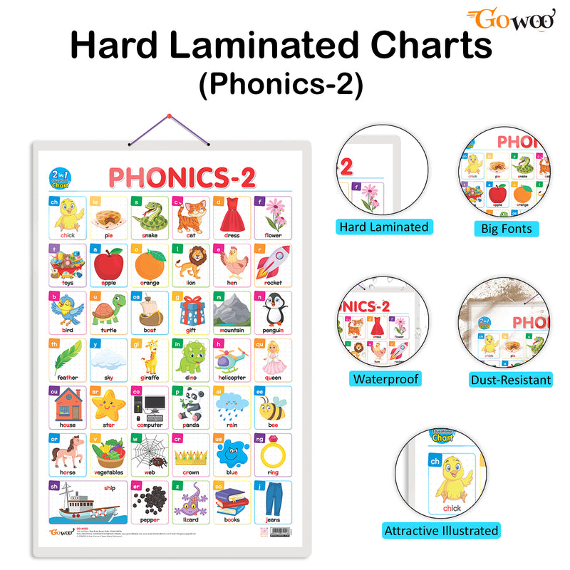 Set of 3 | 2 IN 1 NUMBER & FRACTIONS AND MATHS KEYWORDS, 2 IN 1 COLOURS AND SHAPES AND 2 IN 1 PHONICS 1 AND PHONICS 2 Early Learning Educational Charts for Kids