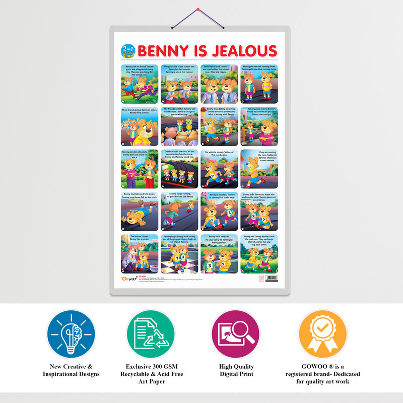 Set of 3 |2 IN 1 FRUITS AND VEGETABLES, 2 IN 1 WILD AND FARM ANIMALS & PETS and 2 IN 1 BENNY IS ANGRY AND BENNY IS JEALOUS Early Learning Educational Charts for Kids