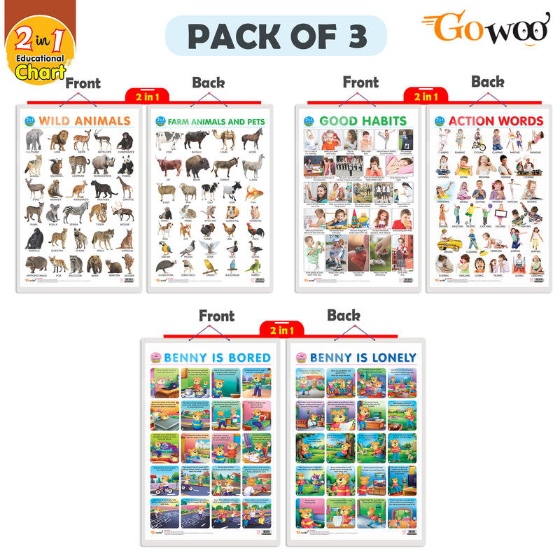Set of 3 |2 IN 1 WILD AND FARM ANIMALS & PETS, 2 IN 1 GOOD HABITS AND ACTION WORDS and 2 IN 1 BENNY IS BORED AND BENNY IS LONELY Early Learning Educational Charts for Kids