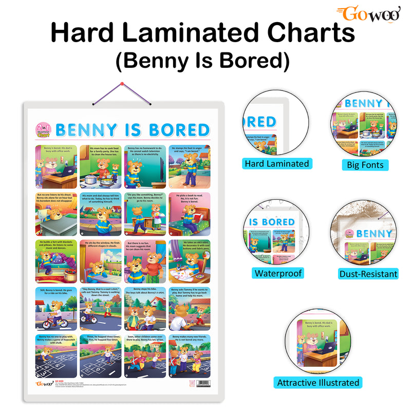 Set of 3 |2 IN 1 WILD AND FARM ANIMALS & PETS, 2 IN 1 GOOD HABITS AND ACTION WORDS and 2 IN 1 BENNY IS BORED AND BENNY IS LONELY Early Learning Educational Charts for Kids