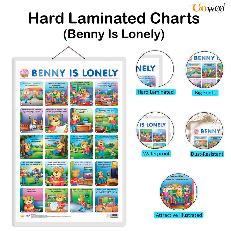 Set of 3 |2 IN 1 GOOD HABITS AND ACTION WORDS, 2 IN 1 ADDITION AND SUBTRACTION and 2 IN 1 BENNY IS BORED AND BENNY IS LONELY Early Learning Educational Charts for Kids