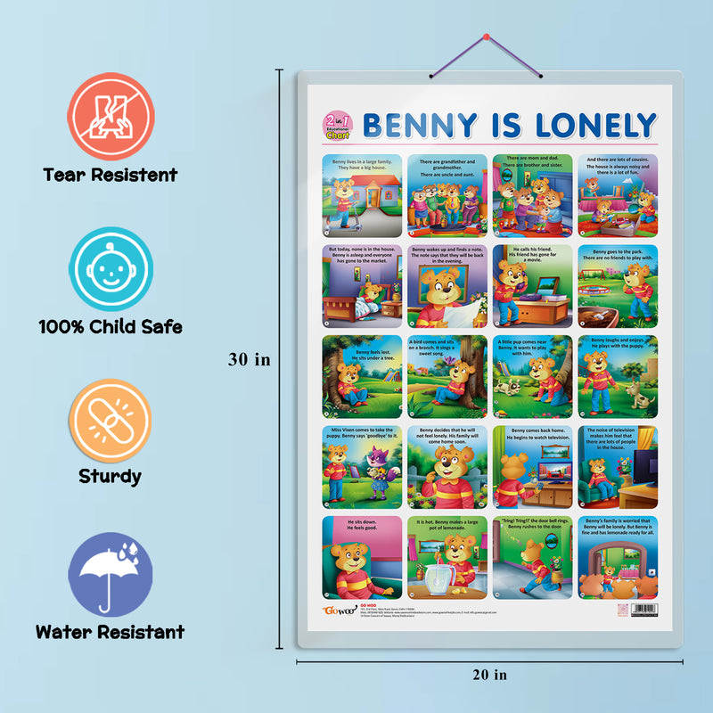 Set of 3 |2 IN 1 GOOD HABITS AND ACTION WORDS, 2 IN 1 ADDITION AND SUBTRACTION and 2 IN 1 BENNY IS BORED AND BENNY IS LONELY Early Learning Educational Charts for Kids
