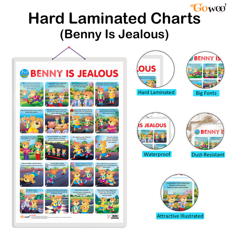 Set of 3 | 2 IN 1 PHONICS 1 AND PHONICS 2, 2 IN 1 HINDI VARNMALA AND BAARAHKHADEE and 2 IN 1 BENNY IS ANGRY AND BENNY IS JEALOUS Early Learning Educational Charts for Kids