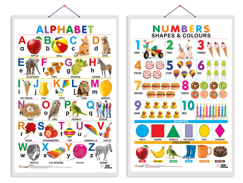 Set of 2 Alphabet and Numbers, Shapes & Colours Early Learning Educational Charts for Kids | 20"X30" inch |Non-Tearable and Waterproof | Double Sided Laminated | Perfect for Homeschooling, Kindergarten and Nursery Students