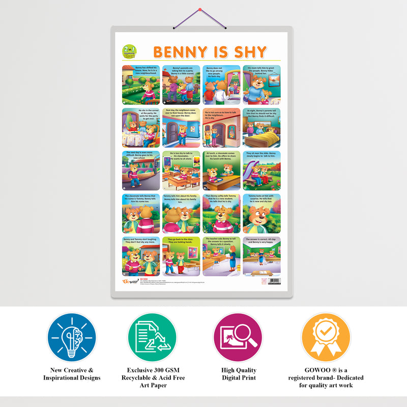 Set of 3 | 2 IN 1 BENNY IS ANGRY AND BENNY IS JEALOUS, 2 IN 1 BENNY IS BORED AND BENNY IS LONELY and 2 IN 1 BENNY IS SAD AND BENNY IS SHY Early Learning Educational Charts for Kids