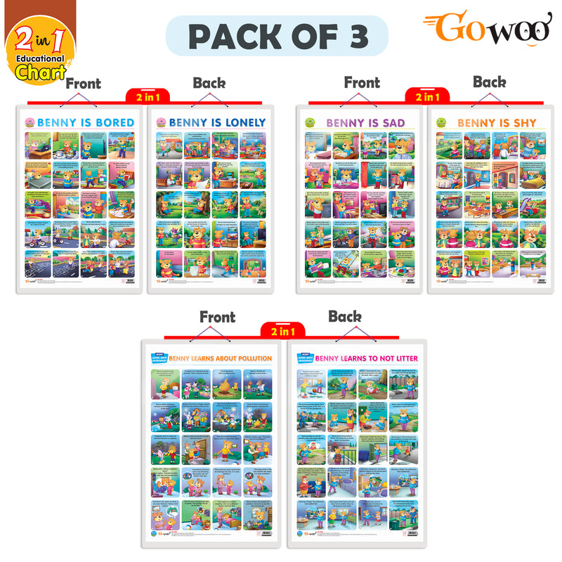 Set of 3 | 2 IN 1 BENNY IS BORED AND BENNY IS LONELY, 2 IN 1 BENNY IS SAD AND BENNY IS SHY and 2 IN 1 BENNY LEARNS ABOUT POLLUTION AND BENNY LEARNS NOT TO LITTER Early Learning Educational Charts for Kids