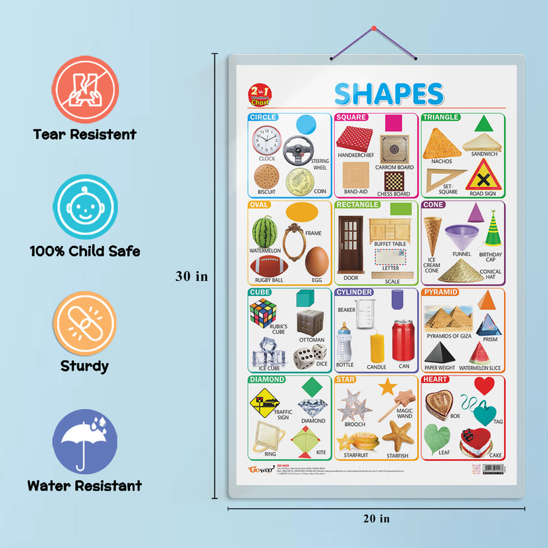 Set of 4 |  2 IN 1 ALPHABET AND NUMBER 1-10, 2 IN 1 NUMBER & FRACTIONS AND MATHS KEYWORDS, 2 IN 1 COLOURS AND SHAPES and 2 IN 1 ADDITION AND SUBTRACTION Early Learning Educational Charts for Kids