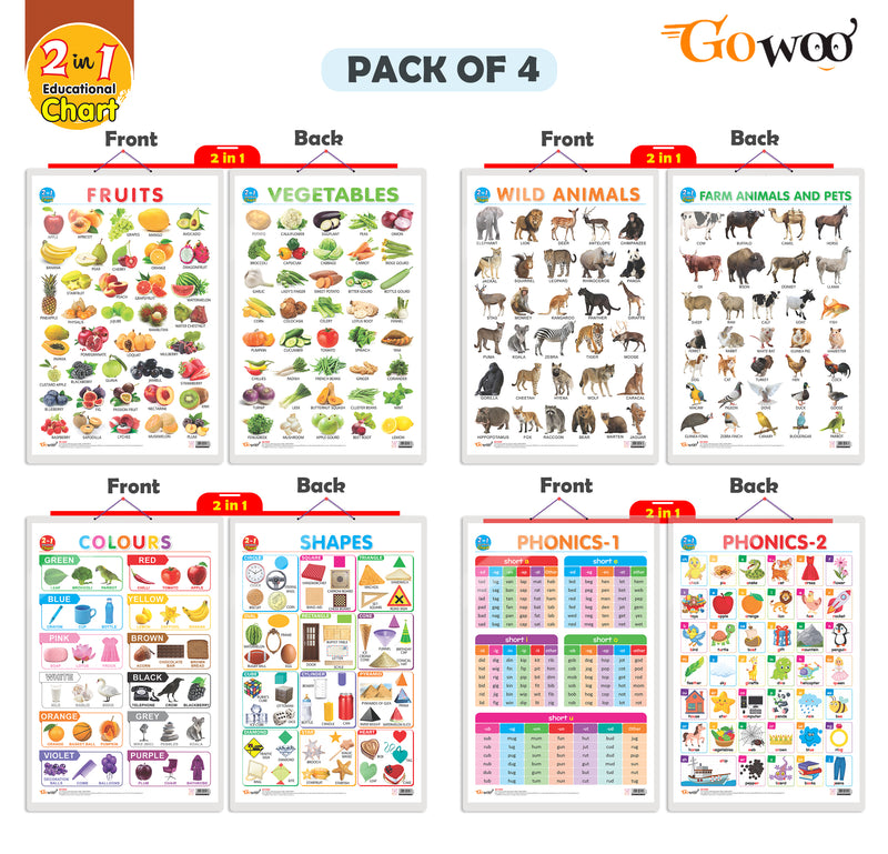 Set of 4 |  2 IN 1 COLOURS AND SHAPES, 2 IN 1 FRUITS AND VEGETABLES, 2 IN 1 WILD AND FARM ANIMALS & PETS and 2 IN 1 PHONICS 1 AND PHONICS 2 Early Learning Educational Charts for Kids