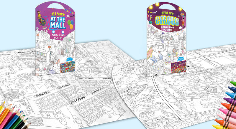 GIANT AT THE MALL COLOURING POSTER and GIANT CIRCUS COLOURING POSTER | Pack of 2 Posters I Popular adults coloring posters