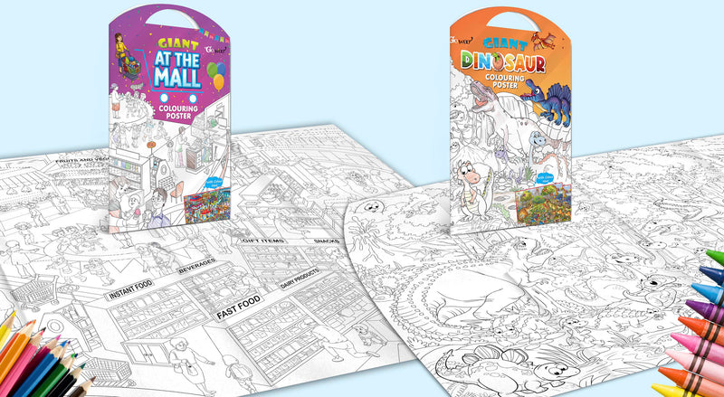 GIANT AT THE MALL COLOURING POSTER and GIANT DINOSAUR COLOURING POSTER | Gift Pack of 2 Posters I jumbo size colouring poster for kids