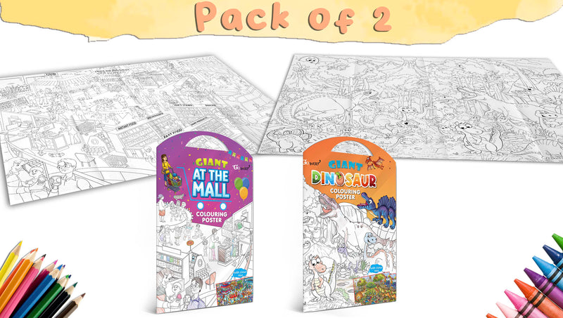 GIANT AT THE MALL COLOURING POSTER and GIANT DINOSAUR COLOURING POSTER | Gift Pack of 2 Posters I jumbo size colouring poster for kids