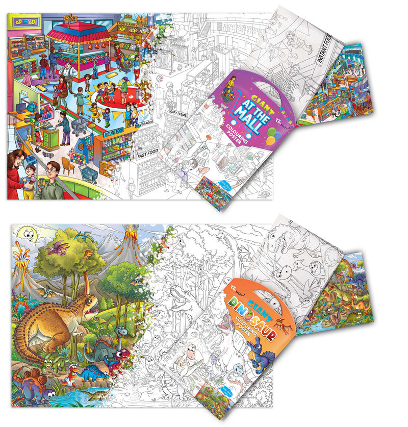 GIANT AT THE MALL COLOURING POSTER and GIANT DINOSAUR COLOURING POSTER | Gift Pack of 2 Posters I jumbo size colouring poster for kids