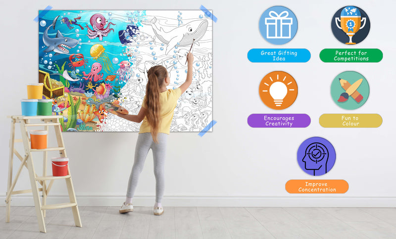 GIANT AT THE MALL COLOURING POSTER and GIANT UNDER THE OCEAN COLOURING POSTER | Pack of 2 Posters I best for school posters