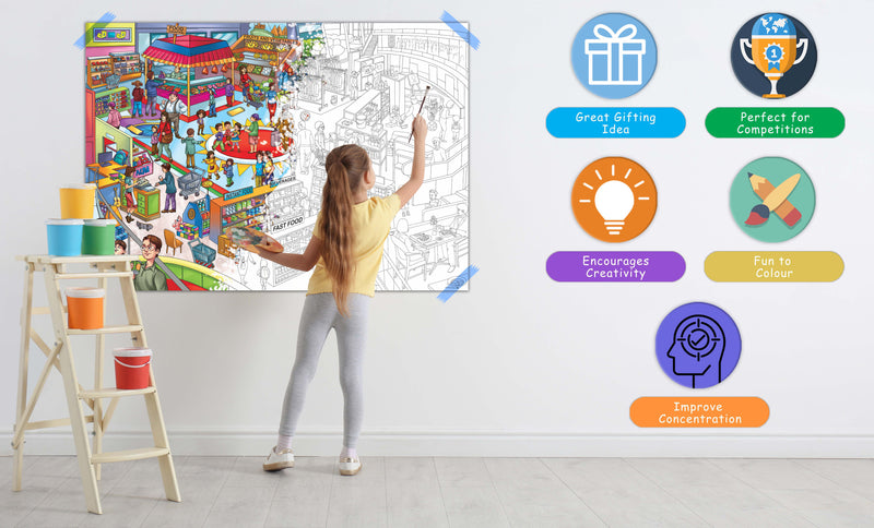 GIANT AT THE MALL COLOURING POSTER and GIANT UNDER THE OCEAN COLOURING POSTER | Pack of 2 Posters I best for school posters