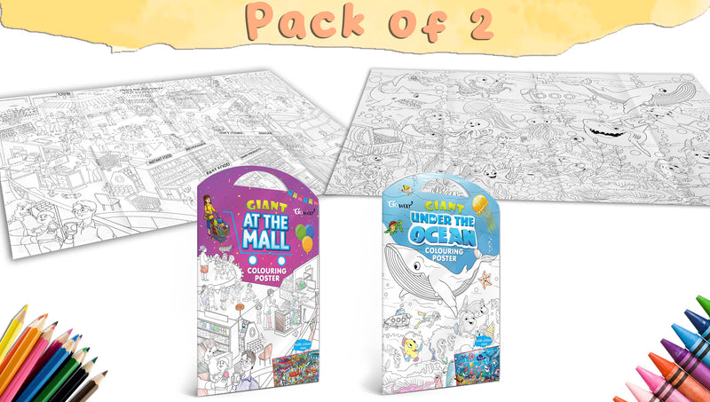 GIANT AT THE MALL COLOURING POSTER and GIANT UNDER THE OCEAN COLOURING POSTER | Pack of 2 Posters I best for school posters