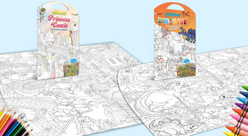 GIANT PRINCESS CASTLE COLOURING POSTER and GIANT DINOSAUR COLOURING POSTER | Combo of 2 Posters I jumbo size colouring poster