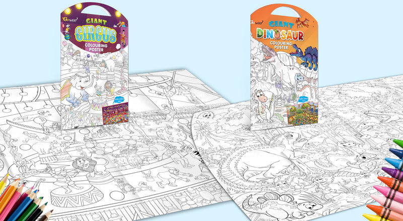 GIANT CIRCUS COLOURING POSTER and GIANT DINOSAUR COLOURING POSTER | Combo of 2 Posters I jumbo colouring poster for 9+