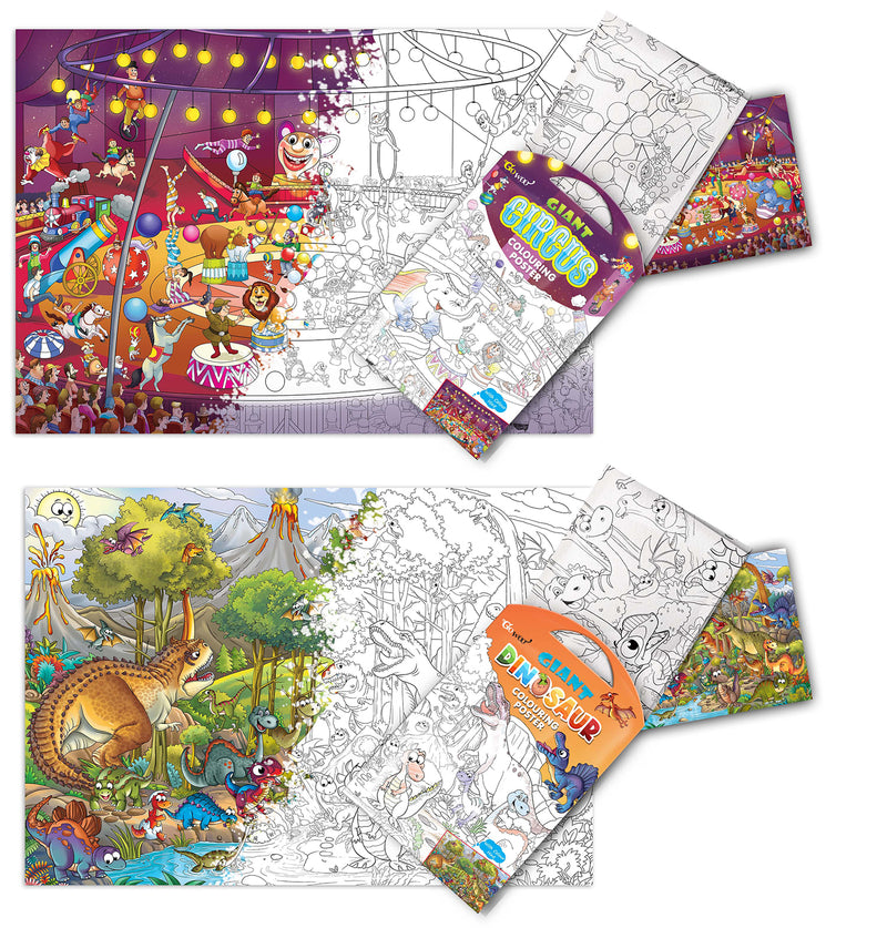 GIANT CIRCUS COLOURING POSTER and GIANT DINOSAUR COLOURING POSTER | Combo of 2 Posters I jumbo colouring poster for 9+