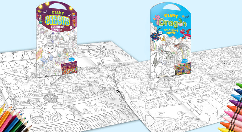 GIANT CIRCUS COLOURING POSTER and GIANT DRAGON COLOURING POSTER | Combo of 2 Posters I best colouring poster