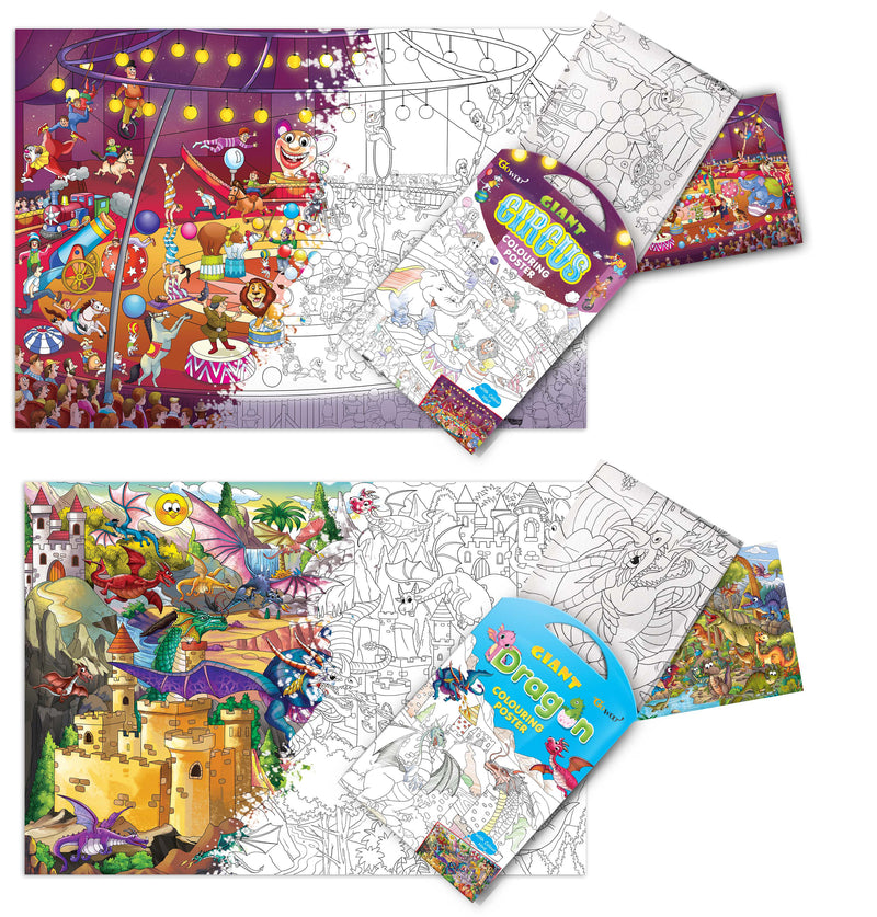 GIANT CIRCUS COLOURING POSTER and GIANT DRAGON COLOURING POSTER | Combo of 2 Posters I best colouring poster