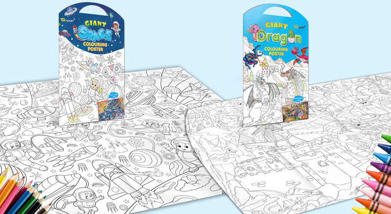 GIANT SPACE COLOURING POSTER and GIANT DRAGON COLOURING POSTER | Combo pack of 2 Posters I giant colouring poster for 8+