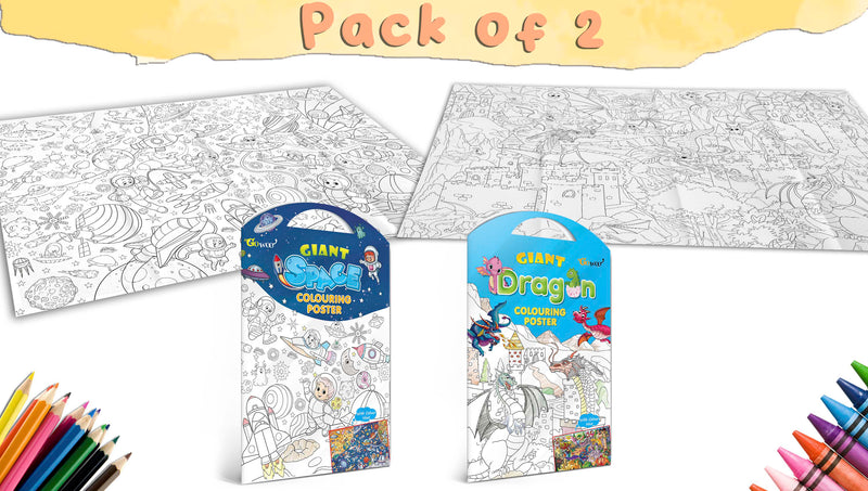 GIANT SPACE COLOURING POSTER and GIANT DRAGON COLOURING POSTER | Combo pack of 2 Posters I giant colouring poster for 8+