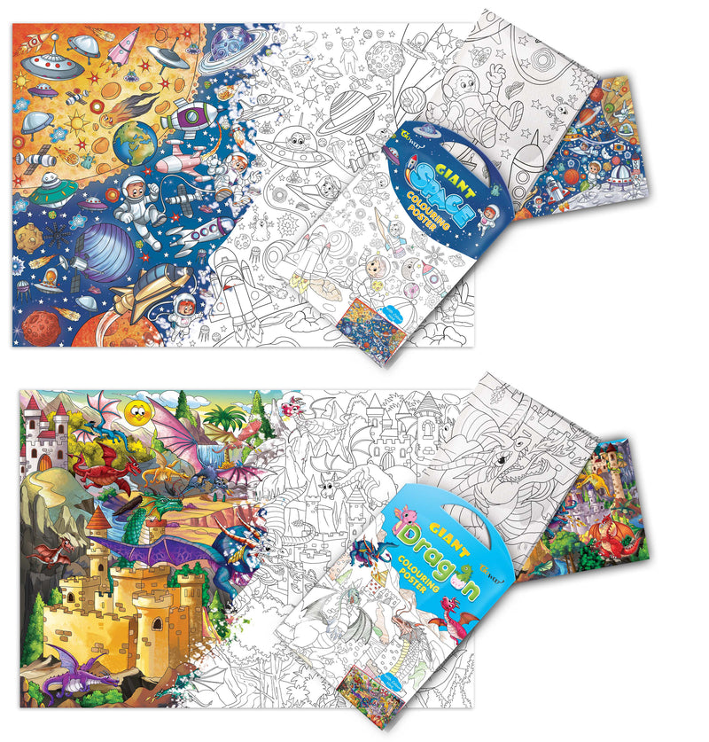 GIANT SPACE COLOURING POSTER and GIANT DRAGON COLOURING POSTER | Combo pack of 2 Posters I giant colouring poster for 8+