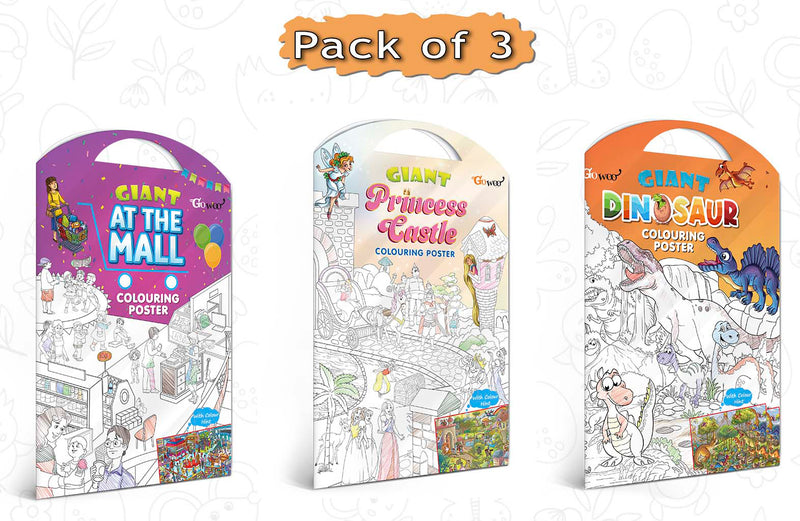 GIANT AT THE MALL COLOURING POSTER, GIANT PRINCESS CASTLE COLOURING POSTER and GIANT DINOSAUR COLOURING POSTER | Combo of 3 Posters I giant colouring poster for adults