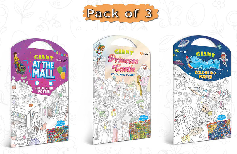 GIANT AT THE MALL COLOURING POSTER, GIANT PRINCESS CASTLE COLOURING POSTER and GIANT SPACE COLOURING POSTER | Pack of 3 Posters I Dreamy Coloring Combo