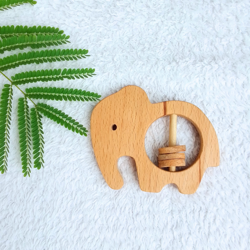 Giant Elephant Wooden Rattle And Neem Wood Lazy Panda Teether Combo