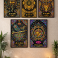 Decorative wall art prints with intricate designs and text on a wall.