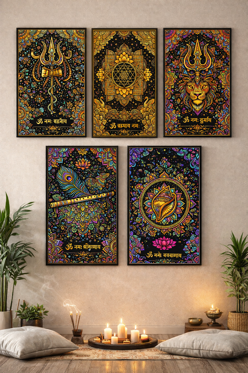 Decorative wall art prints with intricate designs and text on a wall.