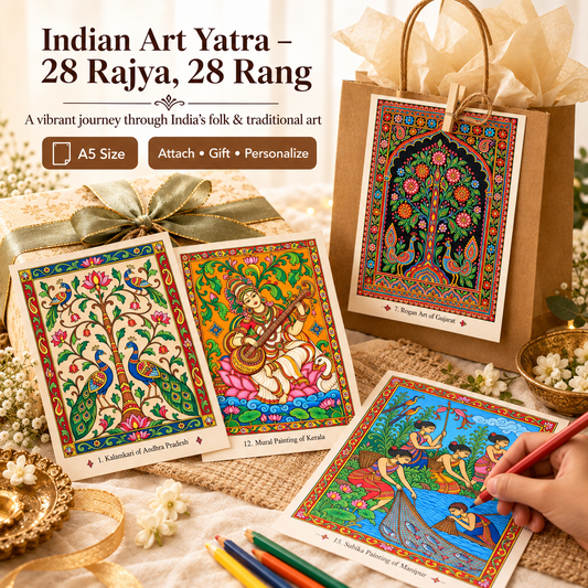 Indian Art Yatra – 28 Rajya, 28 Rang | A5 Gifts Notes Cards Coloring Kit | Creative Gift for Kids & Adults