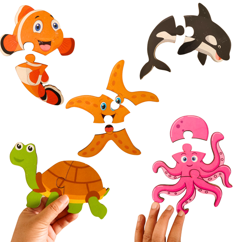 Jo&Ko First Puzzles Marine Animals Jumbo Wooden Puzzles - Set of 5 - 2 & 3 piece puzzles