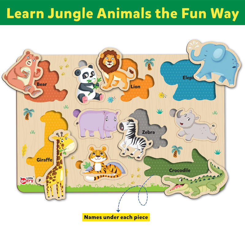 Little Berry Jungle Animals Wooden Puzzle Tray - Knob and Peg Puzzle Multicolour - 26 Pegs