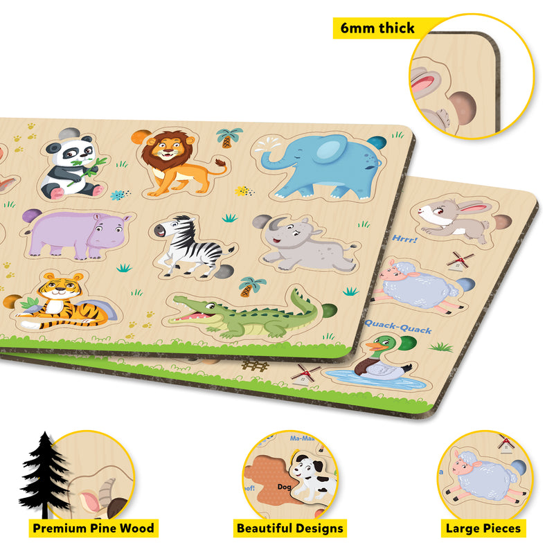 Little Berry My First Wooden Puzzle Tray (Set of 3): Jungle Animals & Farm Animals - Knob and Peg Puzzle Multicolour - 36 Pegs