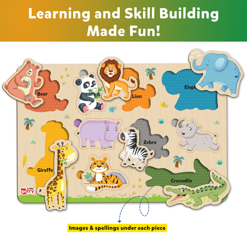 Little Berry My First Wooden Puzzle Tray (Set of 3): Jungle Animals & Farm Animals - Knob and Peg Puzzle Multicolour - 36 Pegs