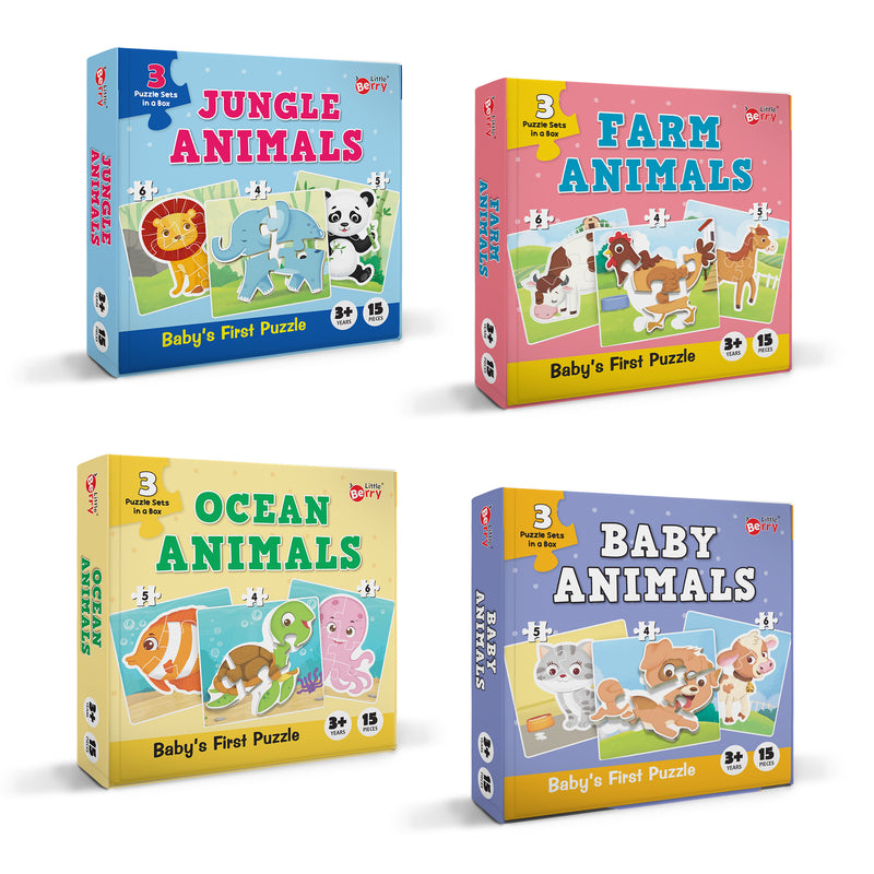 Little Berry Baby’s First Jigsaw Puzzle Set of 4 for Kids:Jungle, Farm, Baby & Ocean Animals - 15 Puzzle Pieces Each