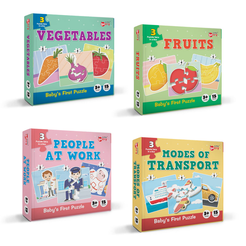 Little Berry Baby’s First Jigsaw Puzzle Set of 4 for Kids: Fruits, Vegetables, People At Work & Modes of Transport - 15 Puzzle Pieces Each