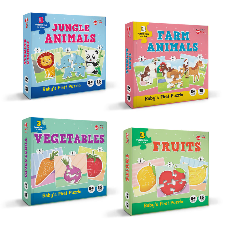 Little Berry Baby’s First Jigsaw Puzzle Set of 4 for Kids: Jungle Animals, Farm Animals, Fruits & Vegetables - 15 Puzzle Pieces Each