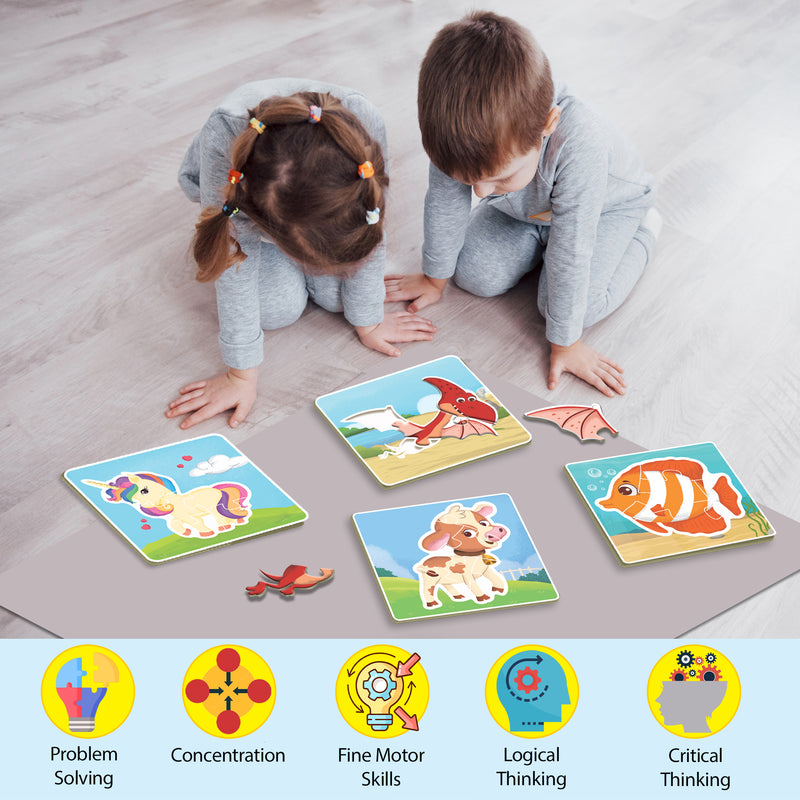 Little Berry Baby’s First Jigsaw Puzzle Set of 4 for Kids: Baby Animals, Ocean Animals, World of Dinosaurs & Magical Unicorns - 15 Puzzle Pieces Each