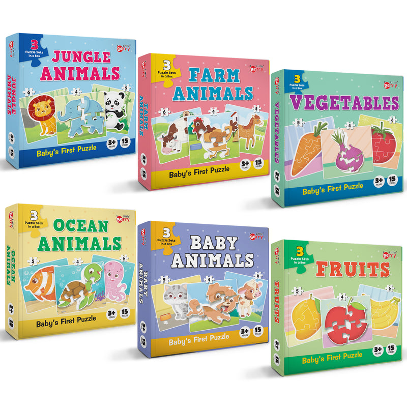 Little Berry Baby’s First Jigsaw Puzzle Set of 6 for Kids: Animals, Fruits & Vegetables - 15 Puzzle Pieces Each