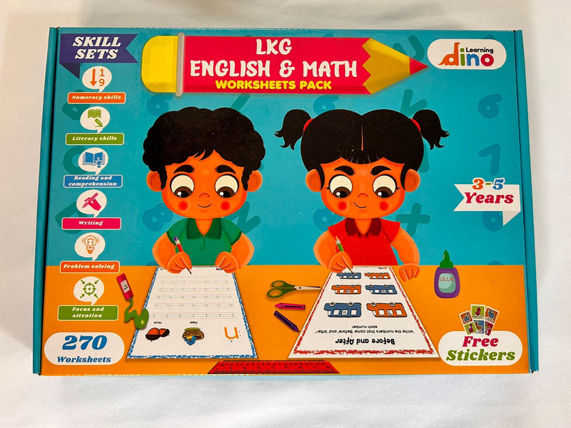 Learning Dino LKG Practice Worksheets Combo Pack (English & Math)