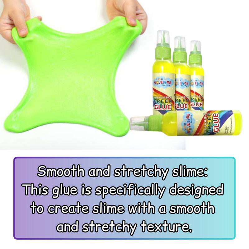 Link with Science Premium PVA Slime and Craft glue | Smooth and Stretchy Slime | Non-Toxic, Washable and Child Friendly | School Glue | Perfect for Making Slime - Pack of 4 (Green - 100ml Each)