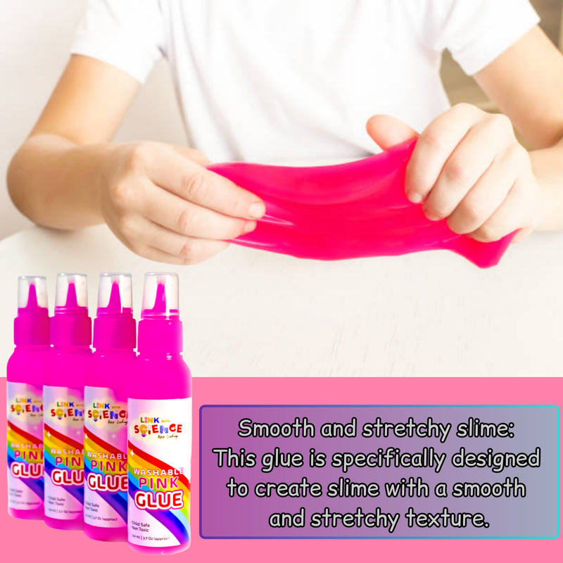 Link with Science Premium PVA Slime and Craft glue | Smooth and Stretchy Slime | Non-Toxic, Washable and Child Friendly | School Glue | Perfect for Making Slime - Pack of 4 (Pink - 100ml Each)