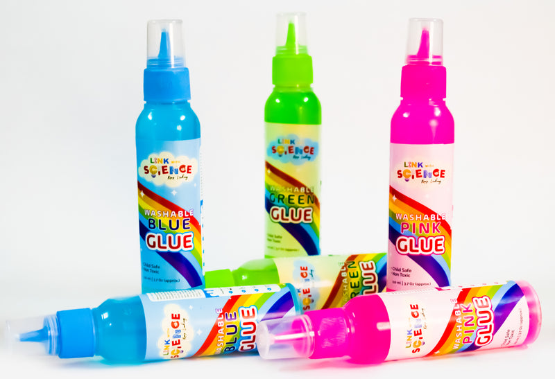 Link With Science Premium PVA Slime and Craft glue | Smooth and Stretchy Slime | Non-Toxic, Washable and Child Friendly | School Glue | Perfect for Making Slime - Pack of 6 (Multicolor - 100ml Each)