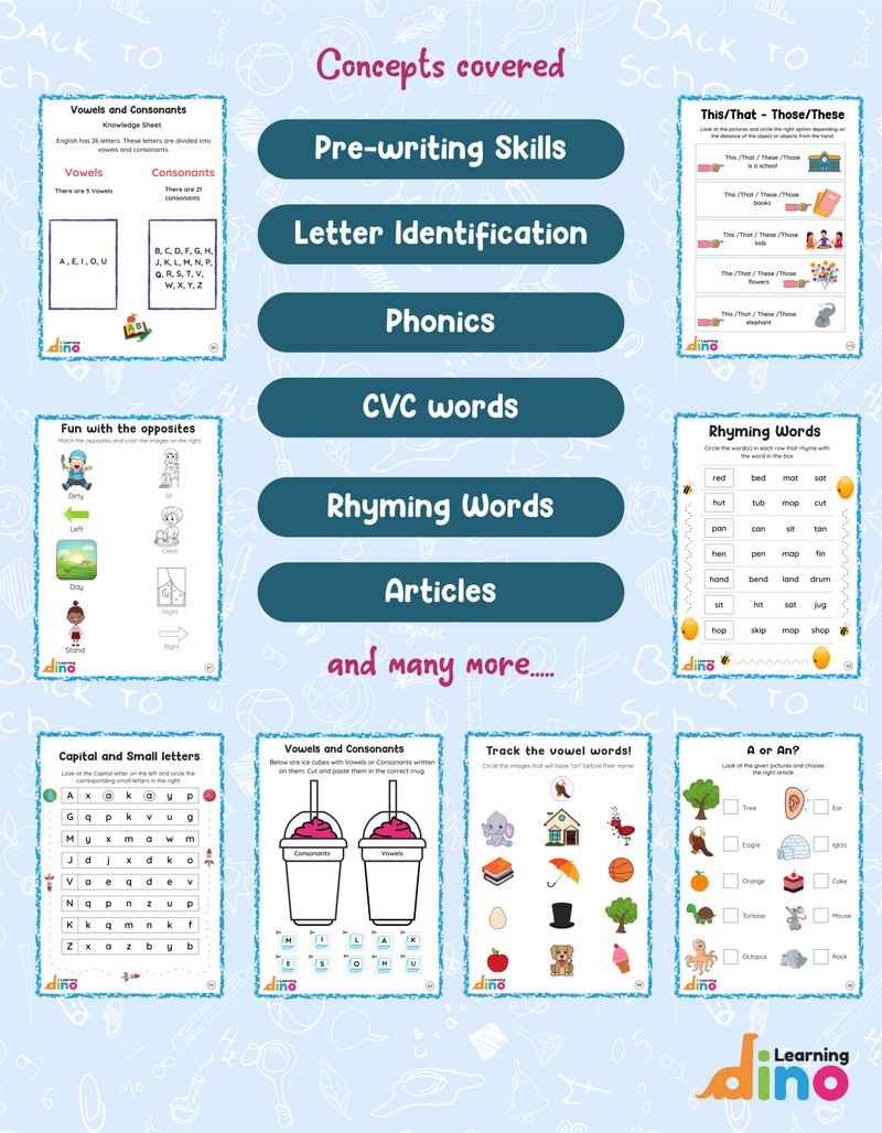 Learning Dino LKG English Practice Worksheets Pack