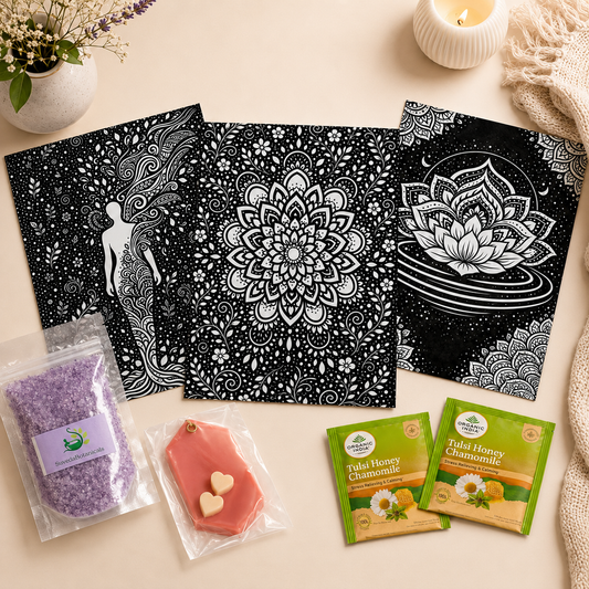 Wellness Gift Box for Women & Men | Self Care Hamper with 3 Meditative Colouring Sheets, 12 Sketch Pens, Lavender Bath Salt, Wax Sachet & Herbal Tea | Corporate, Birthday, Rakhi & Festive Gift
